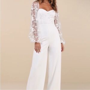 Lulus Darling Charisma White Mesh Embroidered Jumpsuit - L